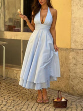 Deep V-neck High Waist A- Line Double-layer Midi Dress